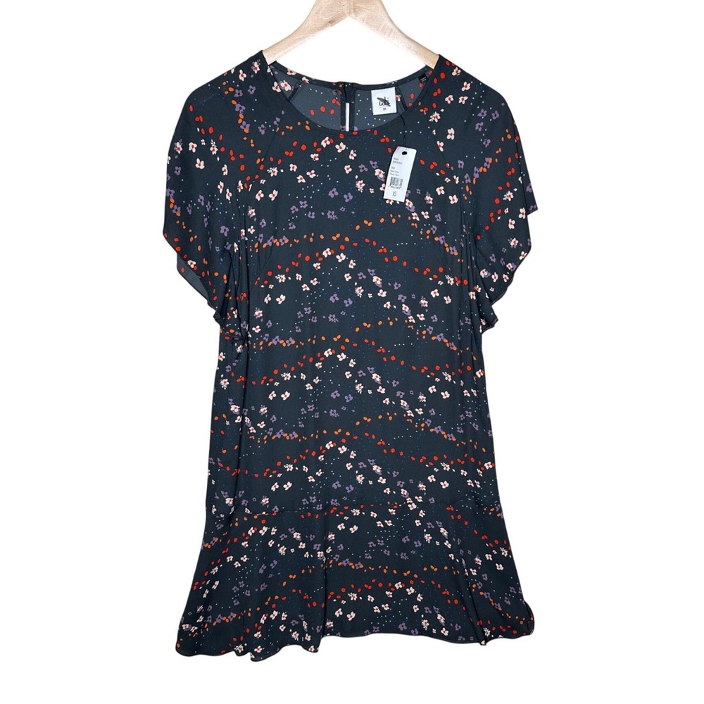 NWT CAbi Muse Dark Grey Floral Shift Dress XS Gray Floral Flutter Sleeve Ruffle